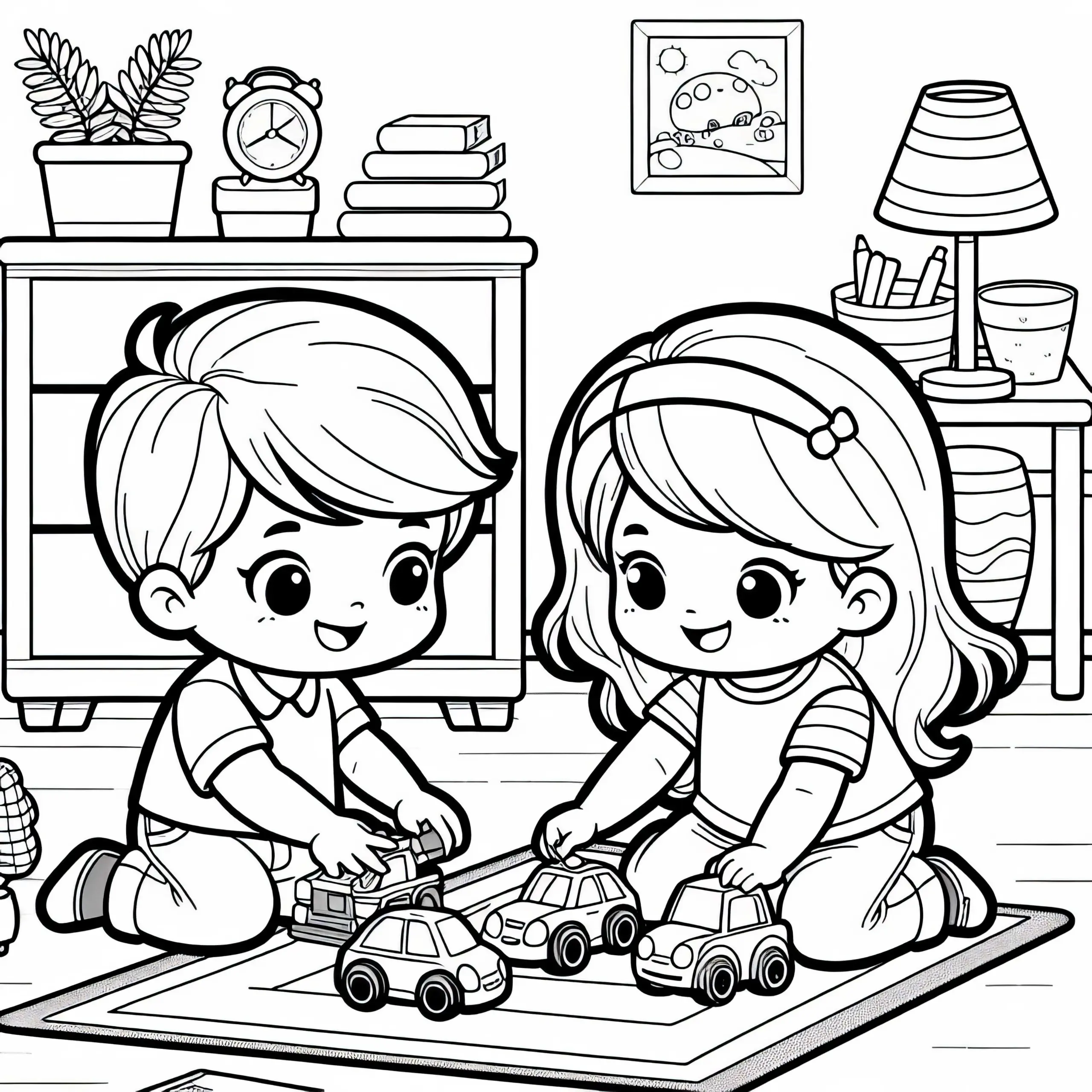 Kinder spielen auf Teppich mit Spielzeugautos im Kinderzimmer – Malvorlage gratis (Ausmalbild)