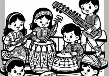 Kinder spielen auf traditionellen Instrumenten – Ausmalbild kostenlos
