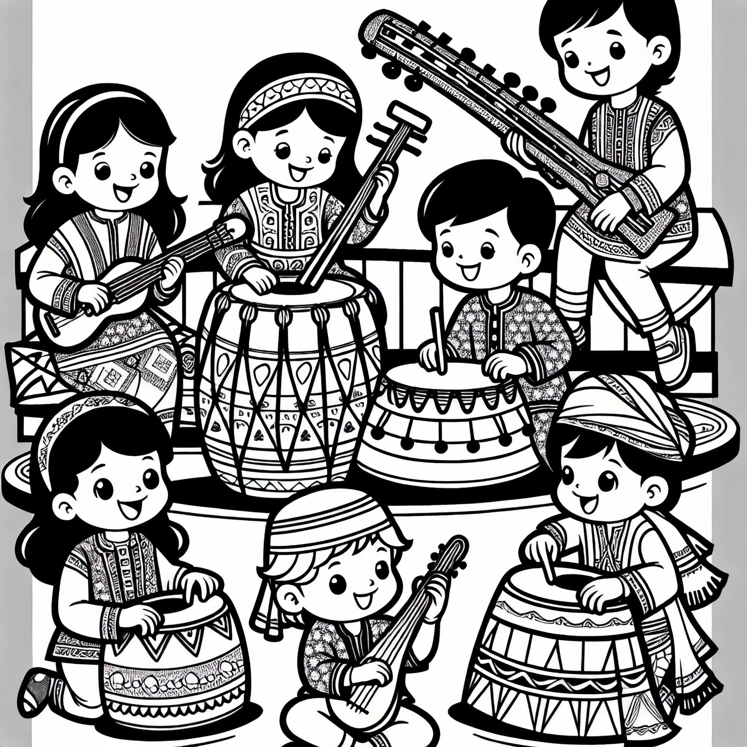 Kinder spielen auf traditionellen Instrumenten – Ausmalbild kostenlos