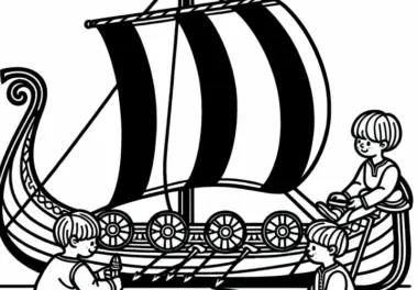 Kinder spielen auf Wikingerschiff: Ausmalbild Wikinger gratis