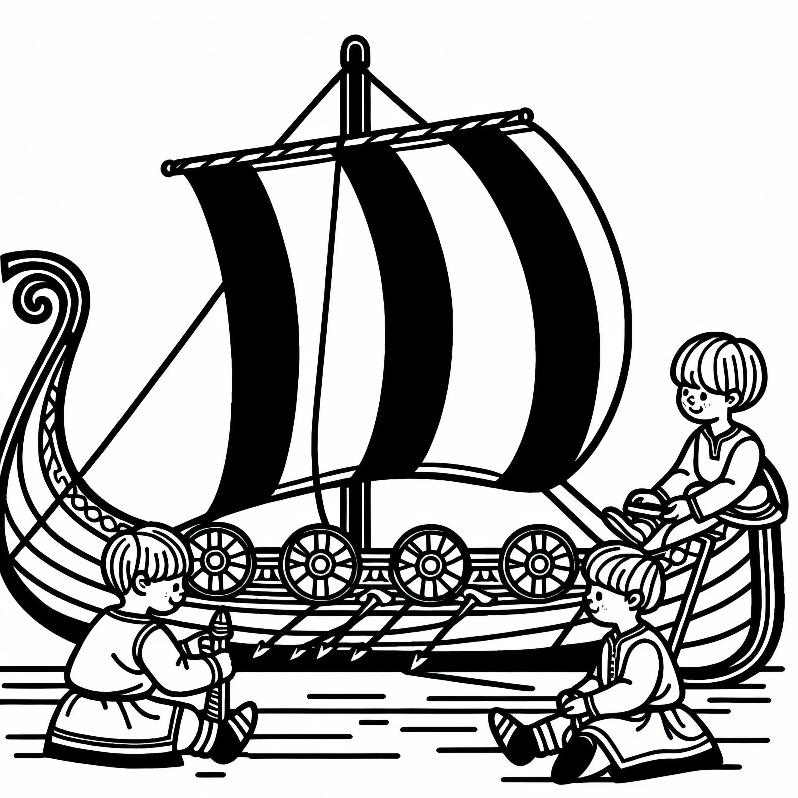 Kinder spielen auf Wikingerschiff: Ausmalbild Wikinger gratis