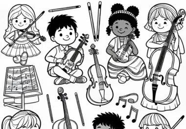 Kinder spielen auf Zupfinstrumenten – Malvorlage kostenlos zum Download