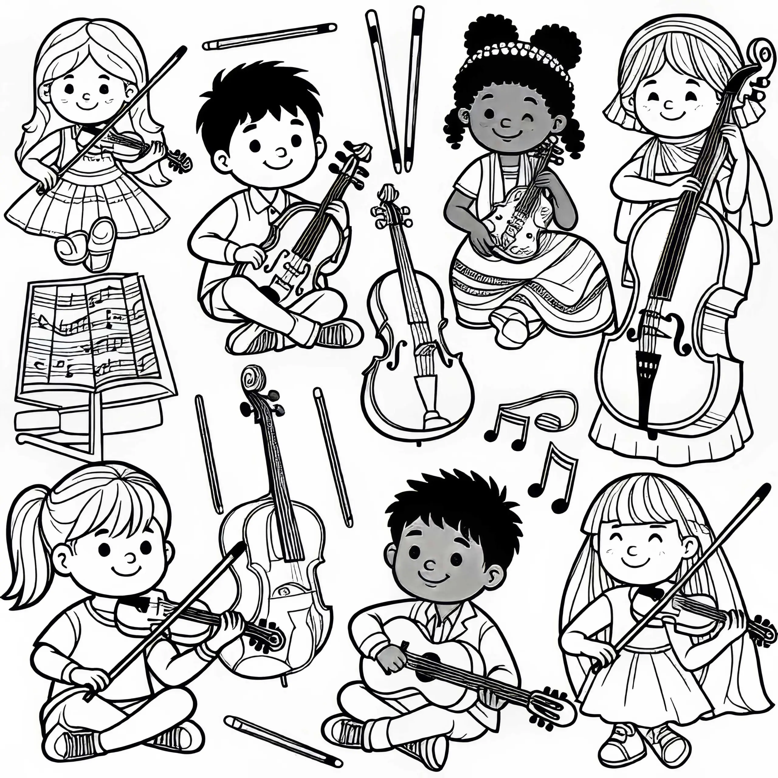 Kinder spielen auf Zupfinstrumenten – Malvorlage kostenlos zum Download (Ausmalbild)
