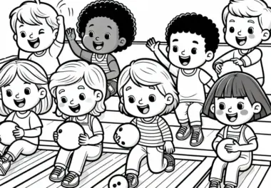 Kinder spielen Bowling – Ausmalbild kostenlos