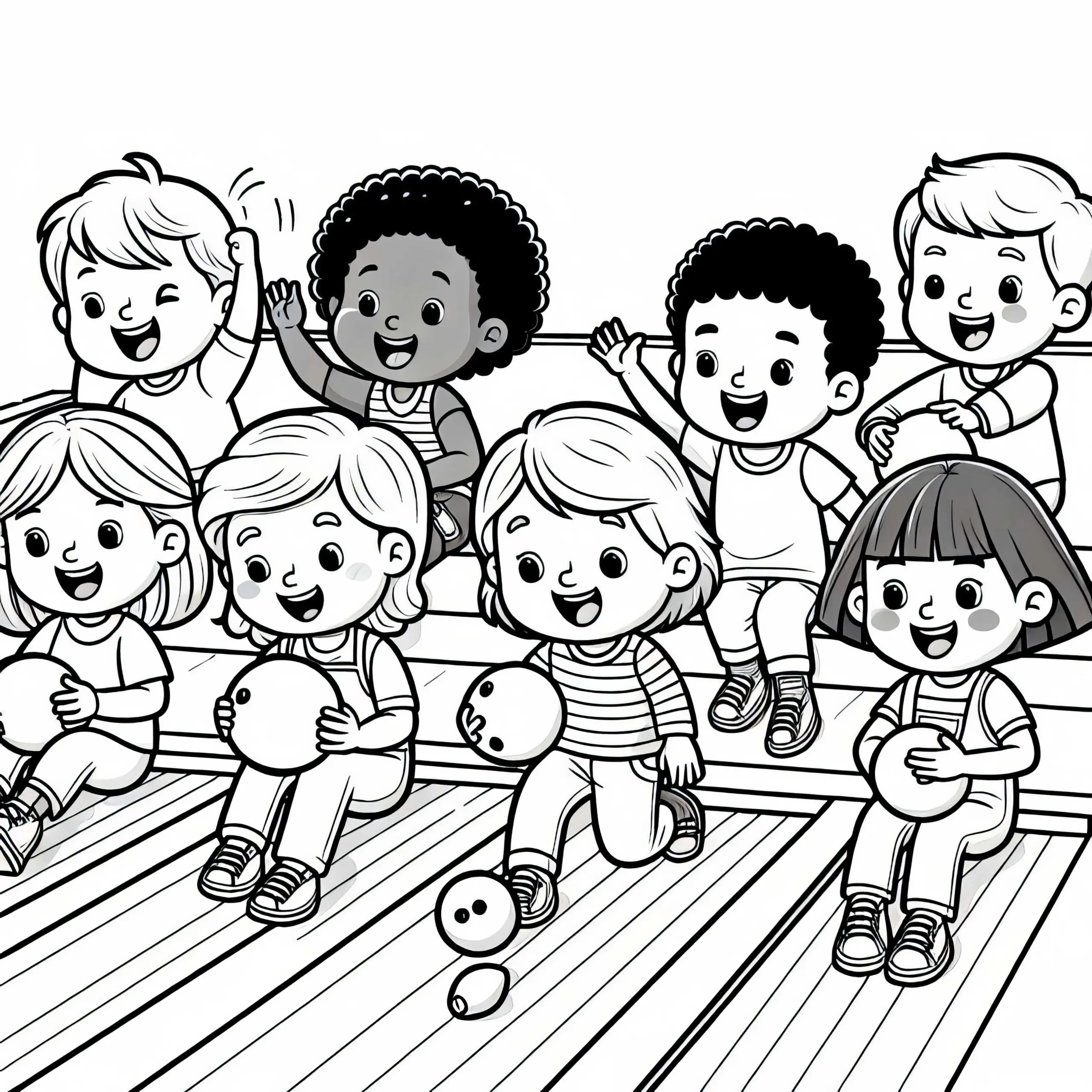 Kinder spielen Bowling – Ausmalbild kostenlos