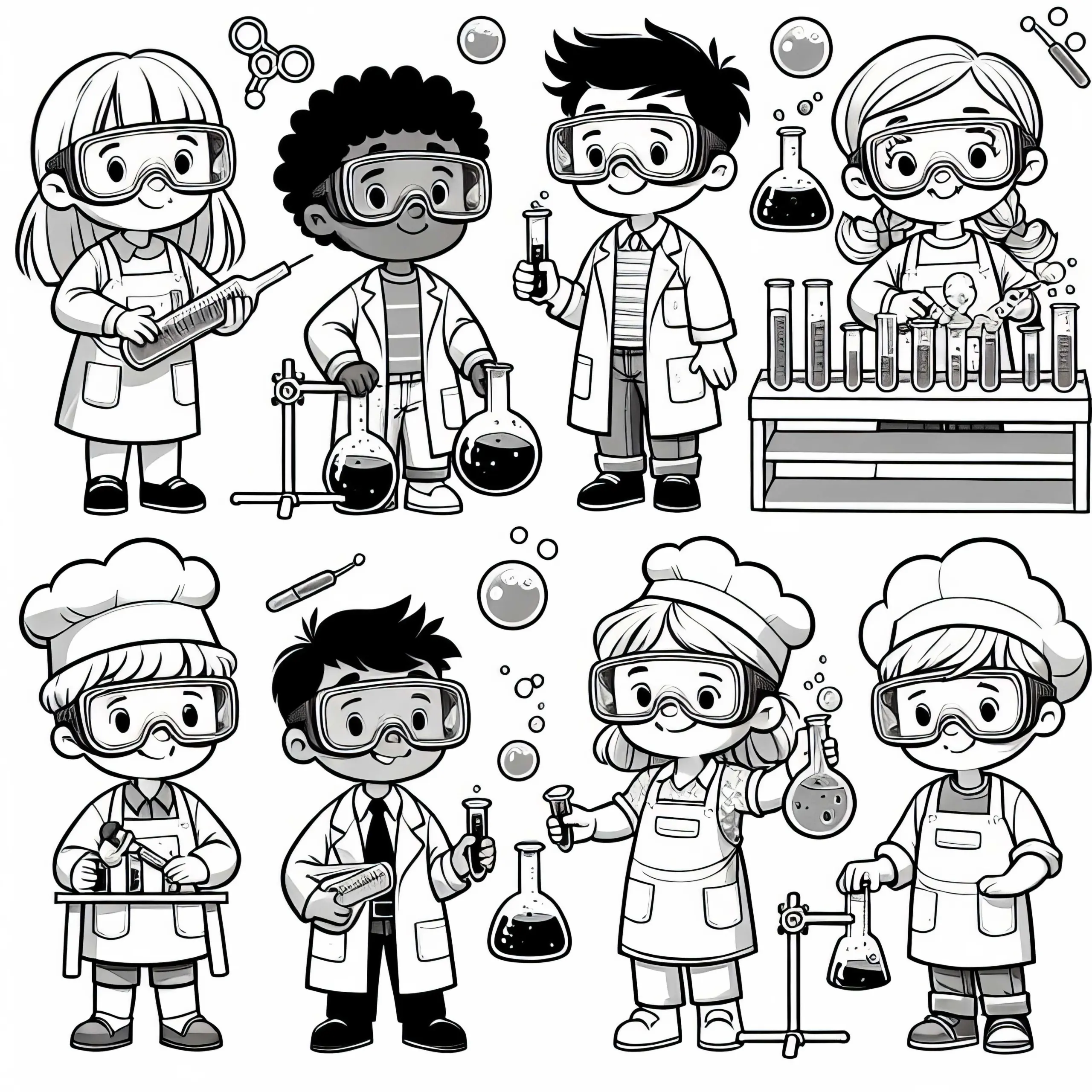 Kinder spielen Chemiker Malvorlage kostenlos (Ausmalbild)