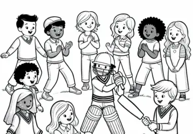 Kinder spielen Cricket – Ausmalbild gratis