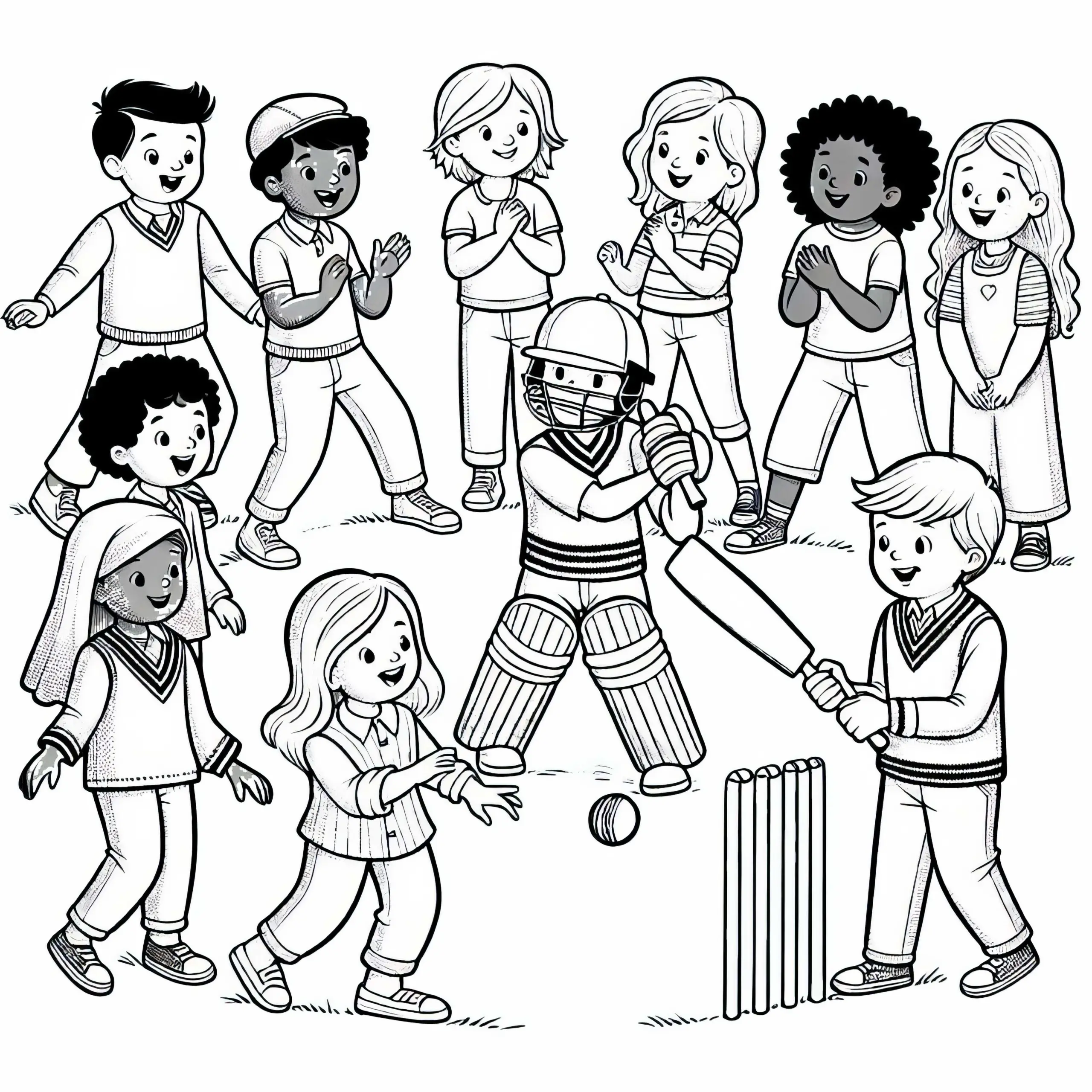 Kinder spielen Cricket – Ausmalbild gratis