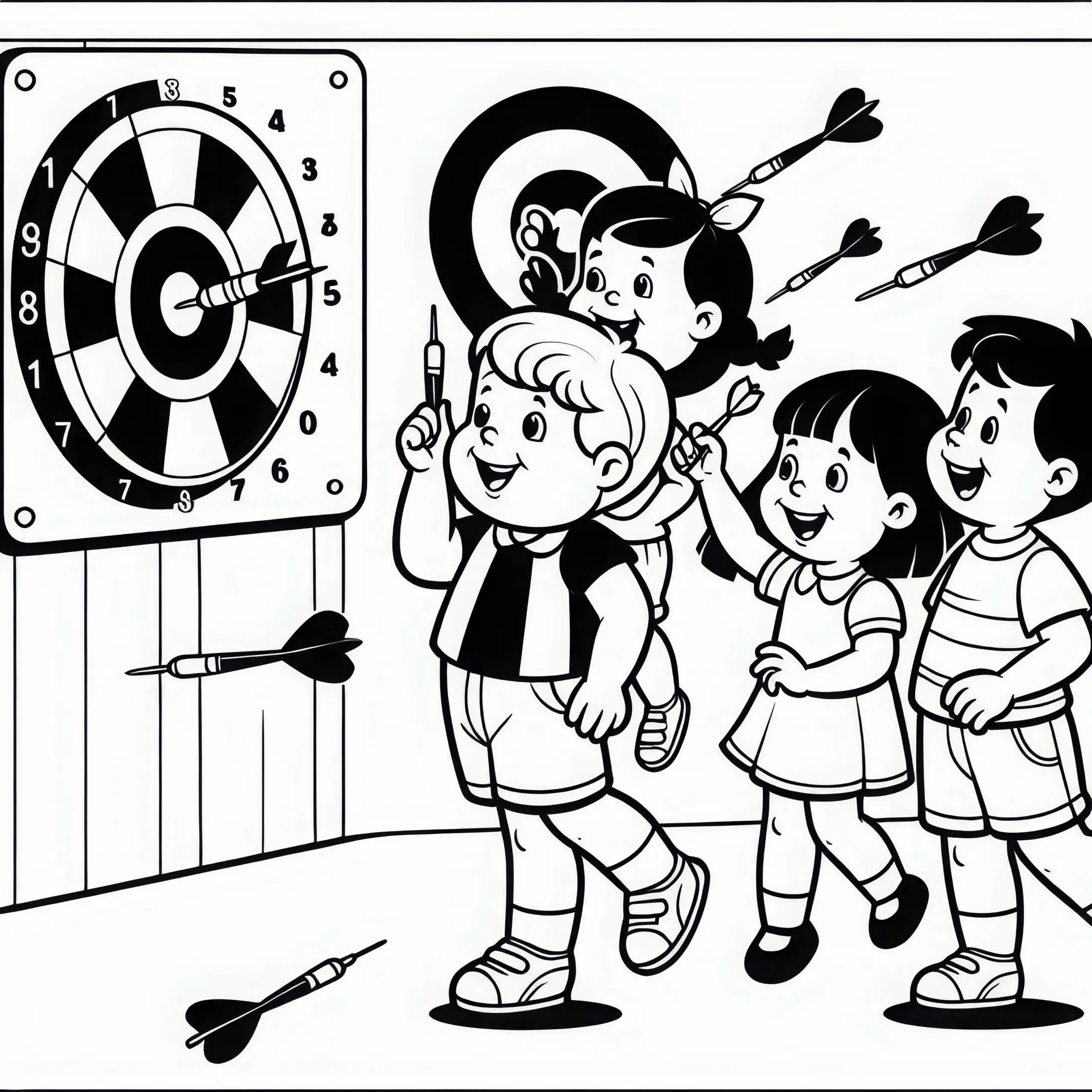 Kinder spielen Darts – Malvorlage kostenlos (Ausmalbild)