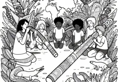 Kinder spielen Didgeridoo – Ausmalbild Australien und Ozeanien kostenlos