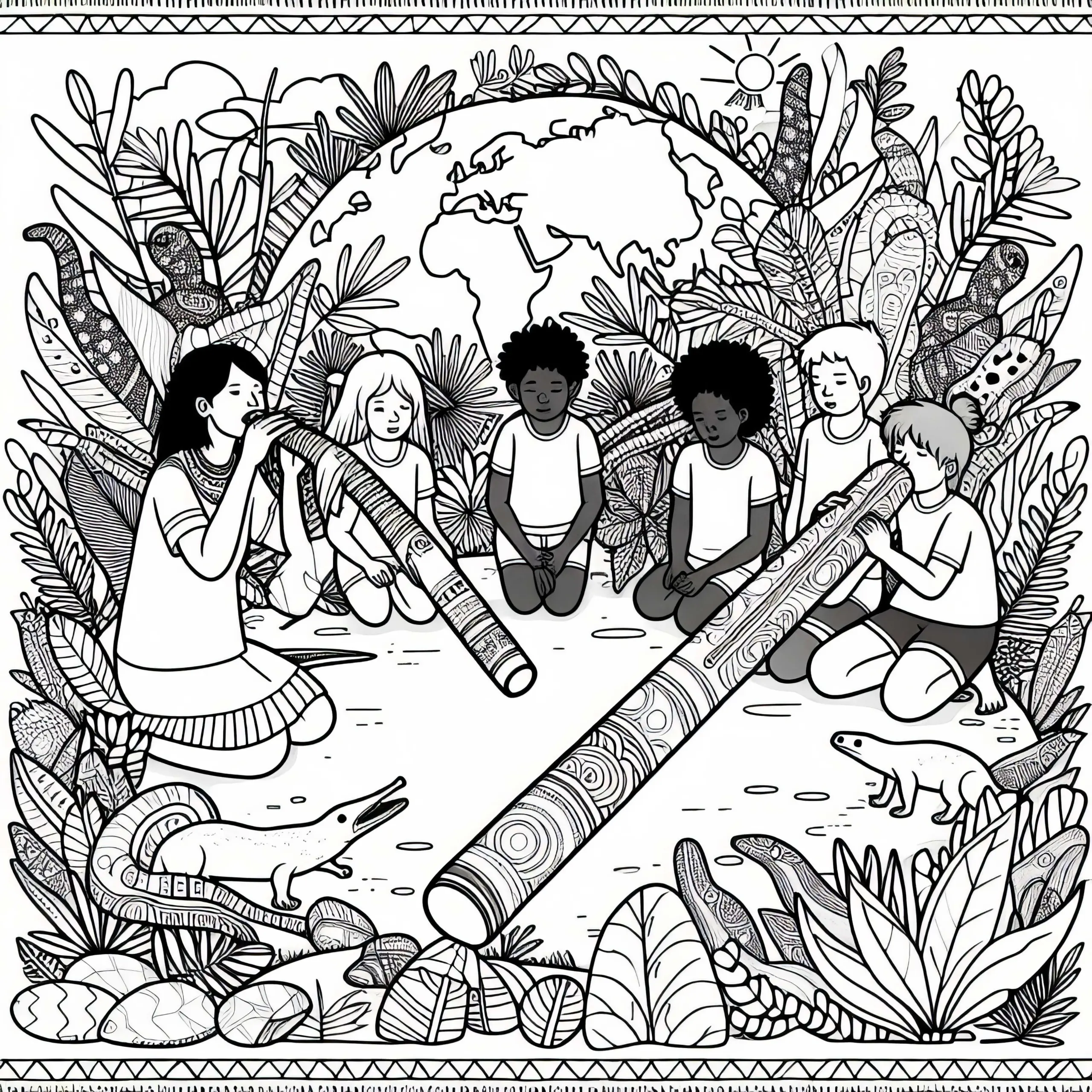 Kinder spielen Didgeridoo – Ausmalbild Australien und Ozeanien kostenlos
