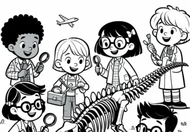 Kinder spielen Dino-Forscher Ausmalbild kostenlos