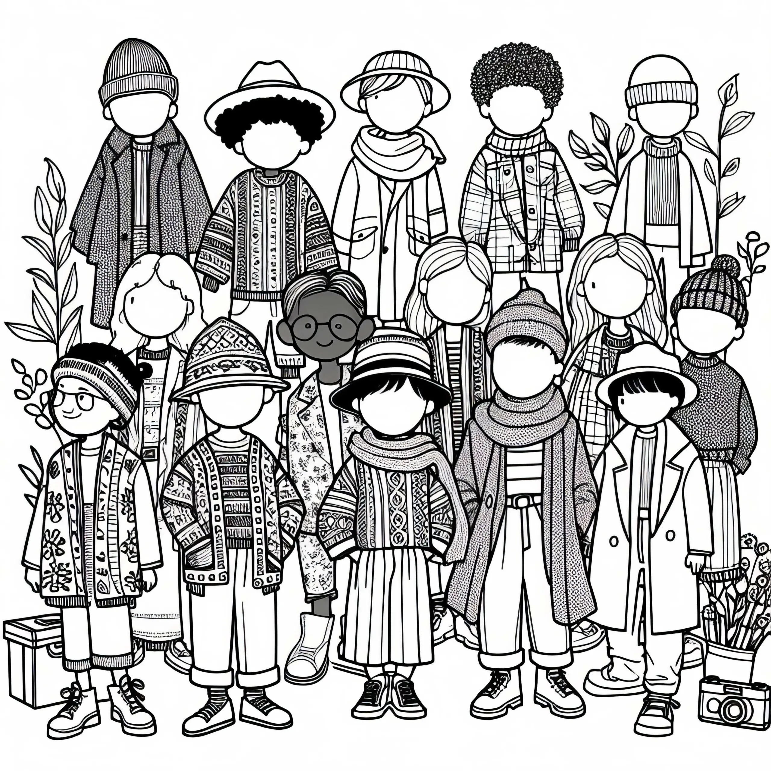 Kinder spielen beim Fotoshooting – kostenlose Ausmalvorlage für Kleidung (Ausmalbild)