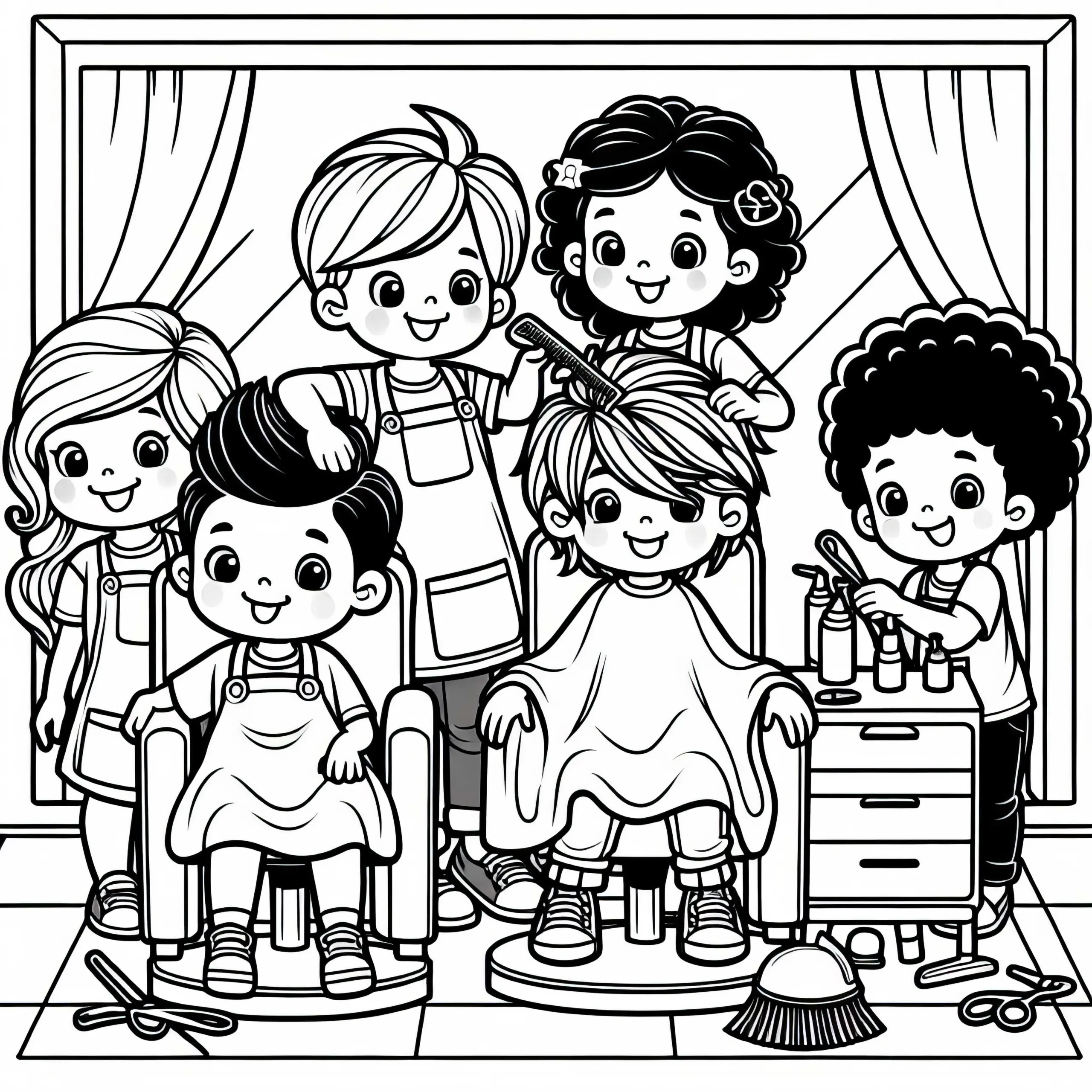 Kinder spielen Friseur Malvorlage gratis (Ausmalbild)