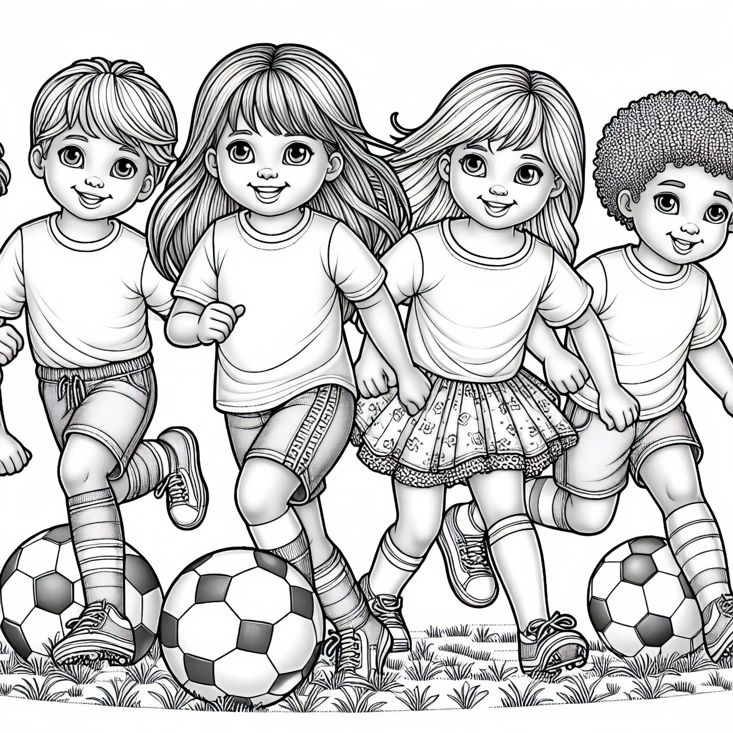 Kinder spielen Fußball – Ausmalbild in detailreicher Ausführung kostenlos