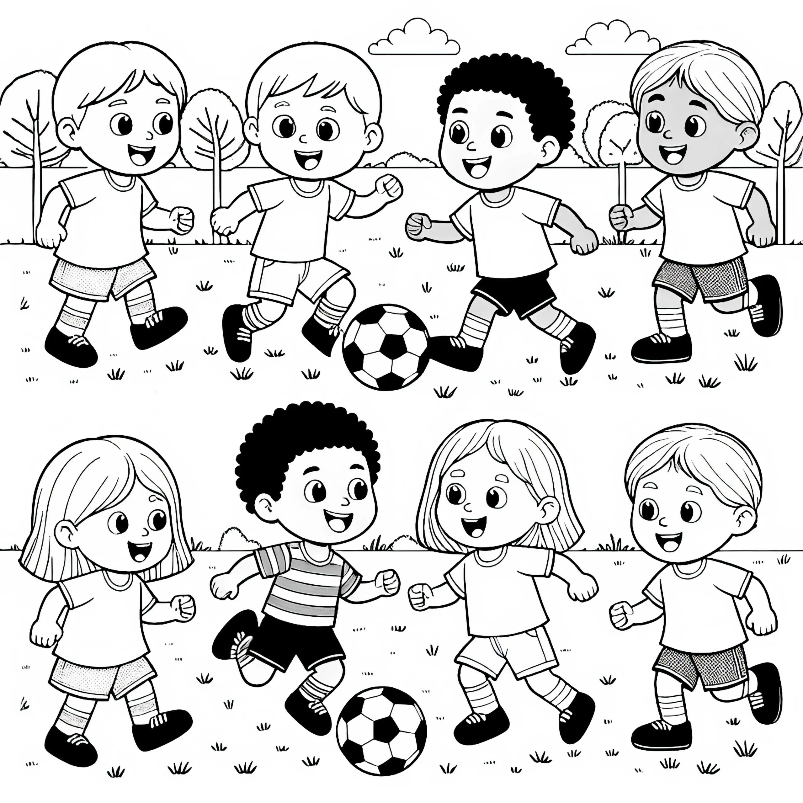Kinder spielen Fußball – Malvorlage gratis (Ausmalbild)