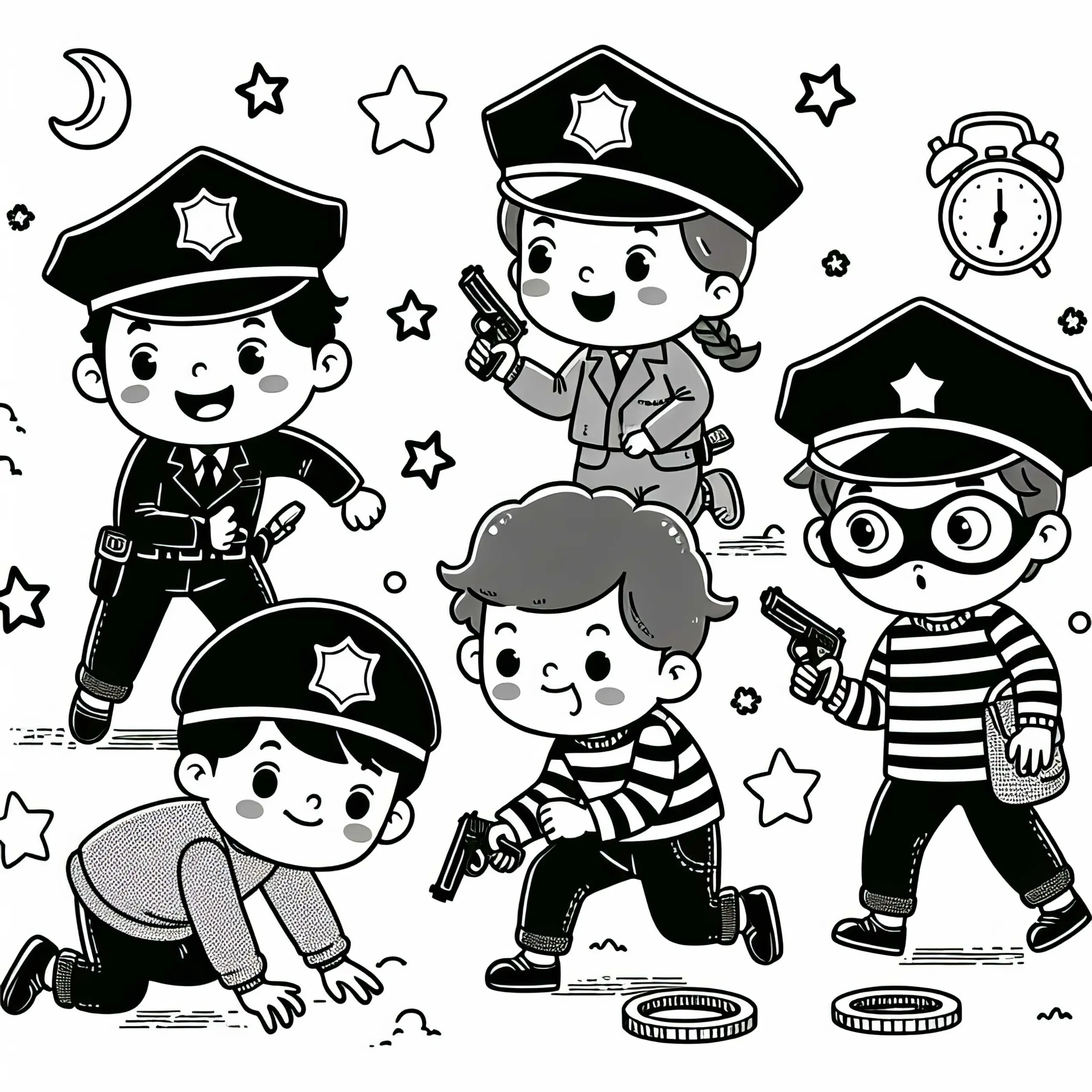 Kinder spielen Gangster Malvorlage kostenlos (Ausmalbild)