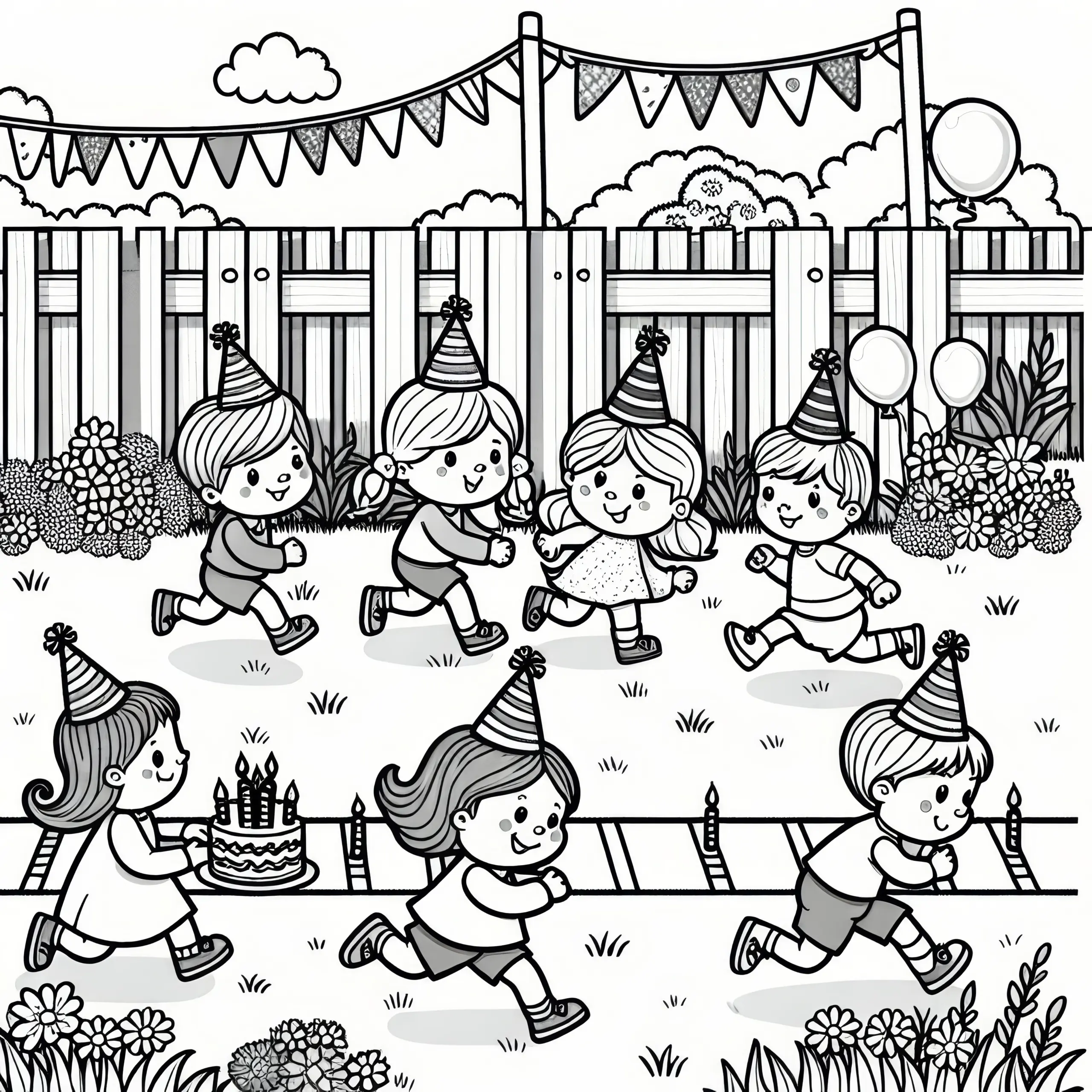 Kinder spielen im Garten: Geburtstag Malvorlage (Gratis) (Ausmalbild)