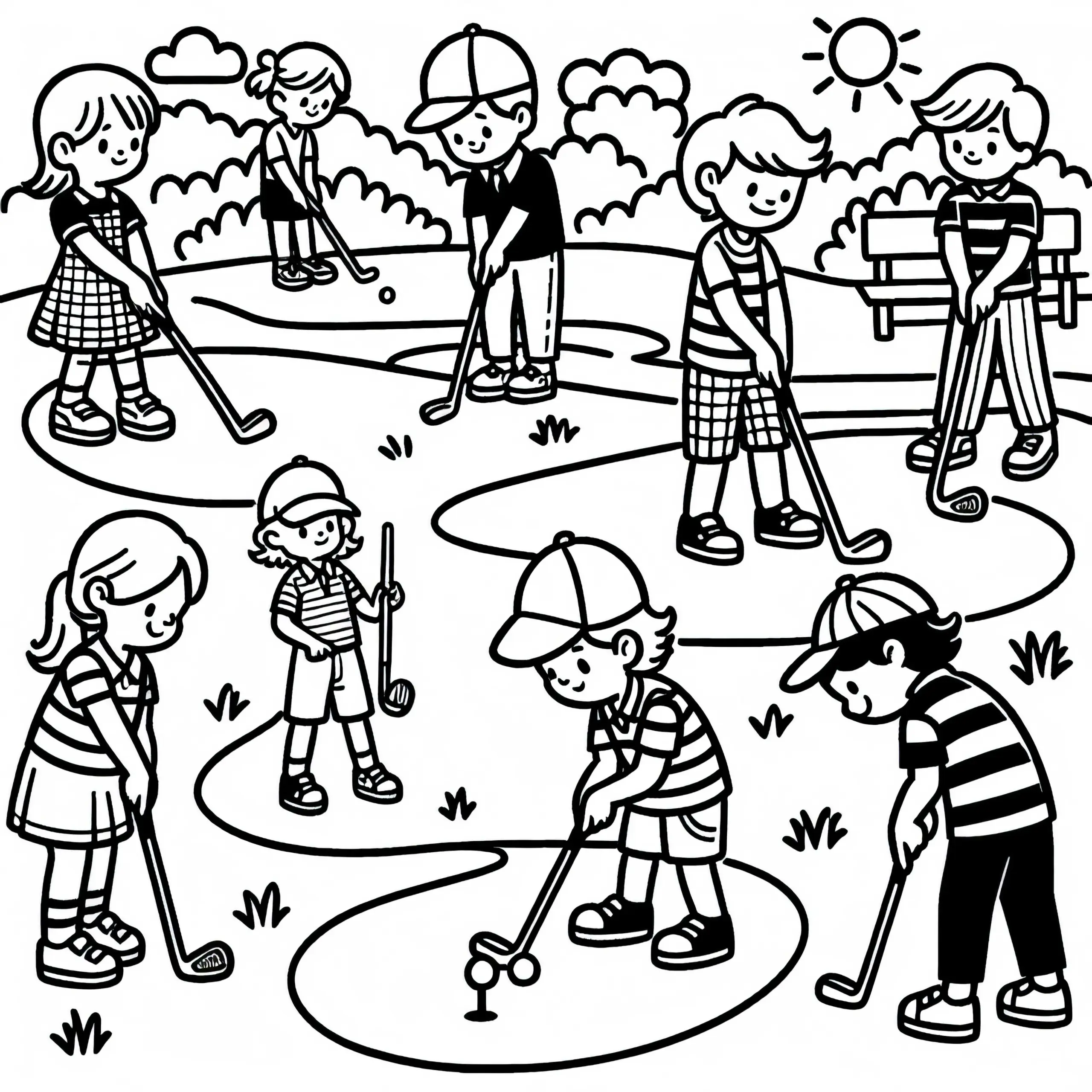 Kinder spielen Golf Ausmalbild gratis