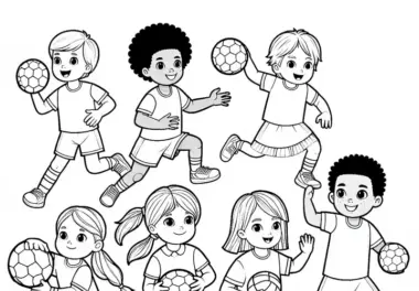 Kinder spielen Handball – Ausmalbild kostenlos
