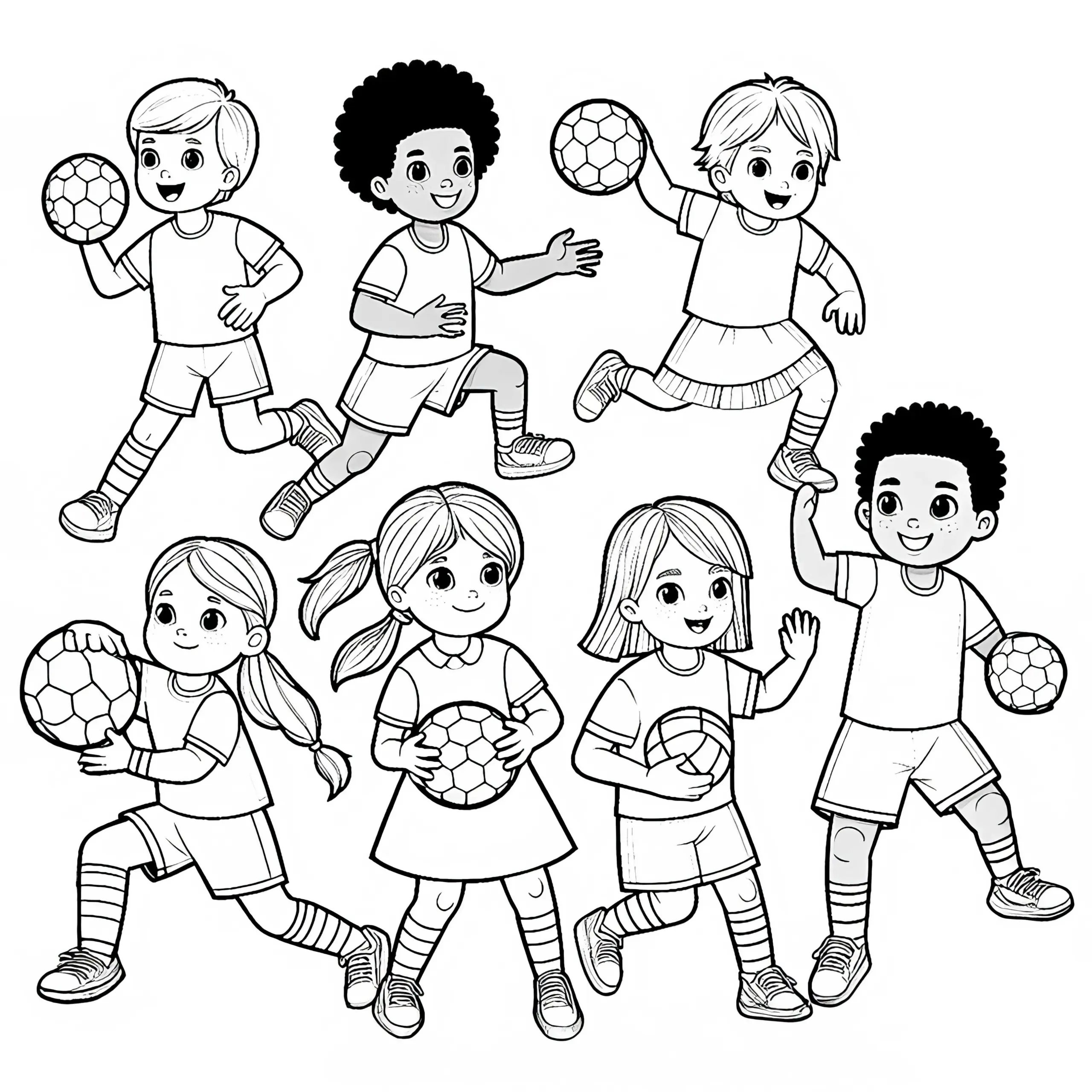 Kinder spielen Handball – Ausmalbild kostenlos