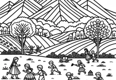Kinder spielen im Feld – Ausmalbild gratis