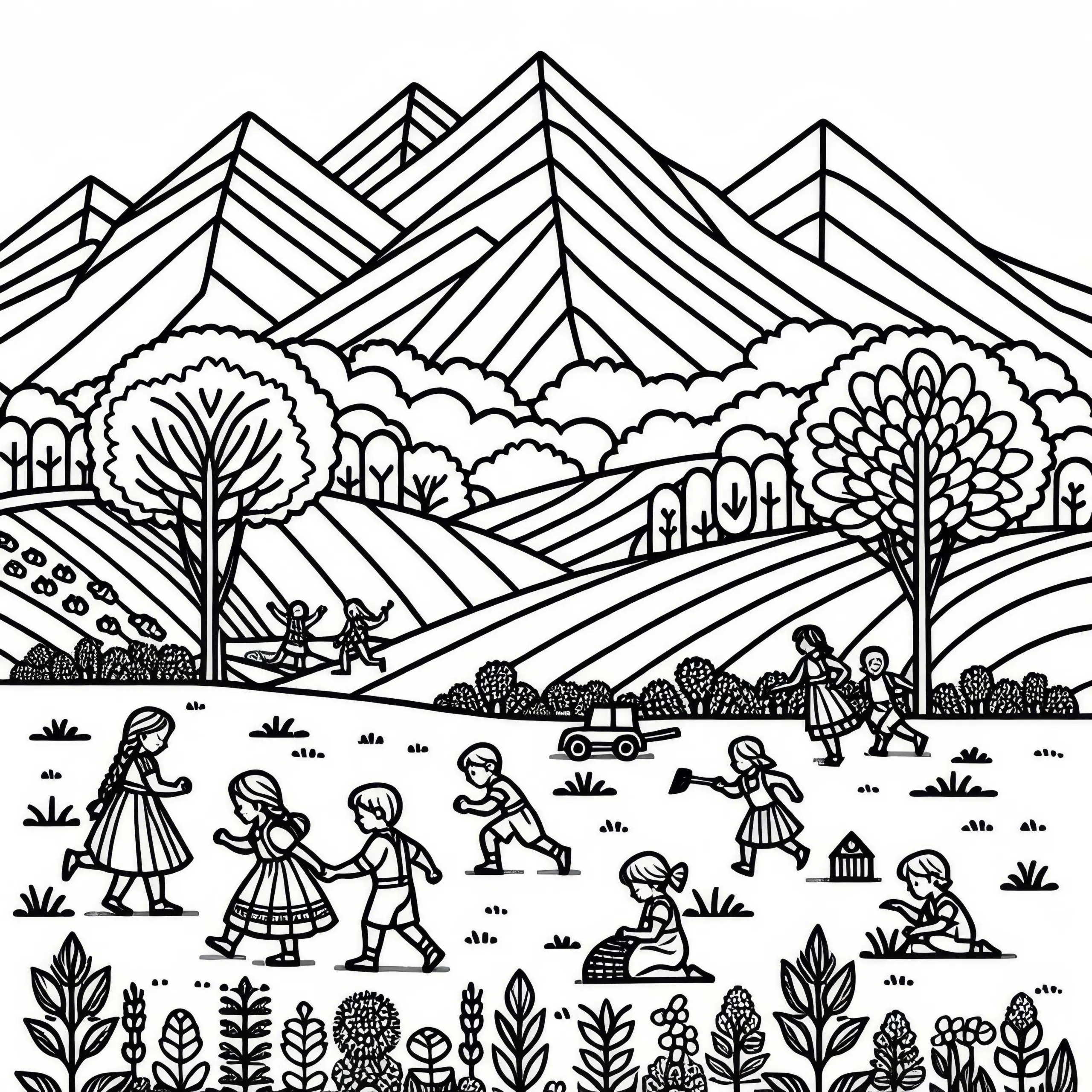 Kinder spielen im Feld – Ausmalbild gratis