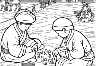 Kinder spielen mit Holzfiguren im Sandhof – Ausmalbild Seidenstraße gratis