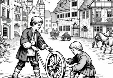 Kinder spielen mit Holzrad auf Kopfsteinpflaster – Malvorlage Stadtleben Mittelalter gratis