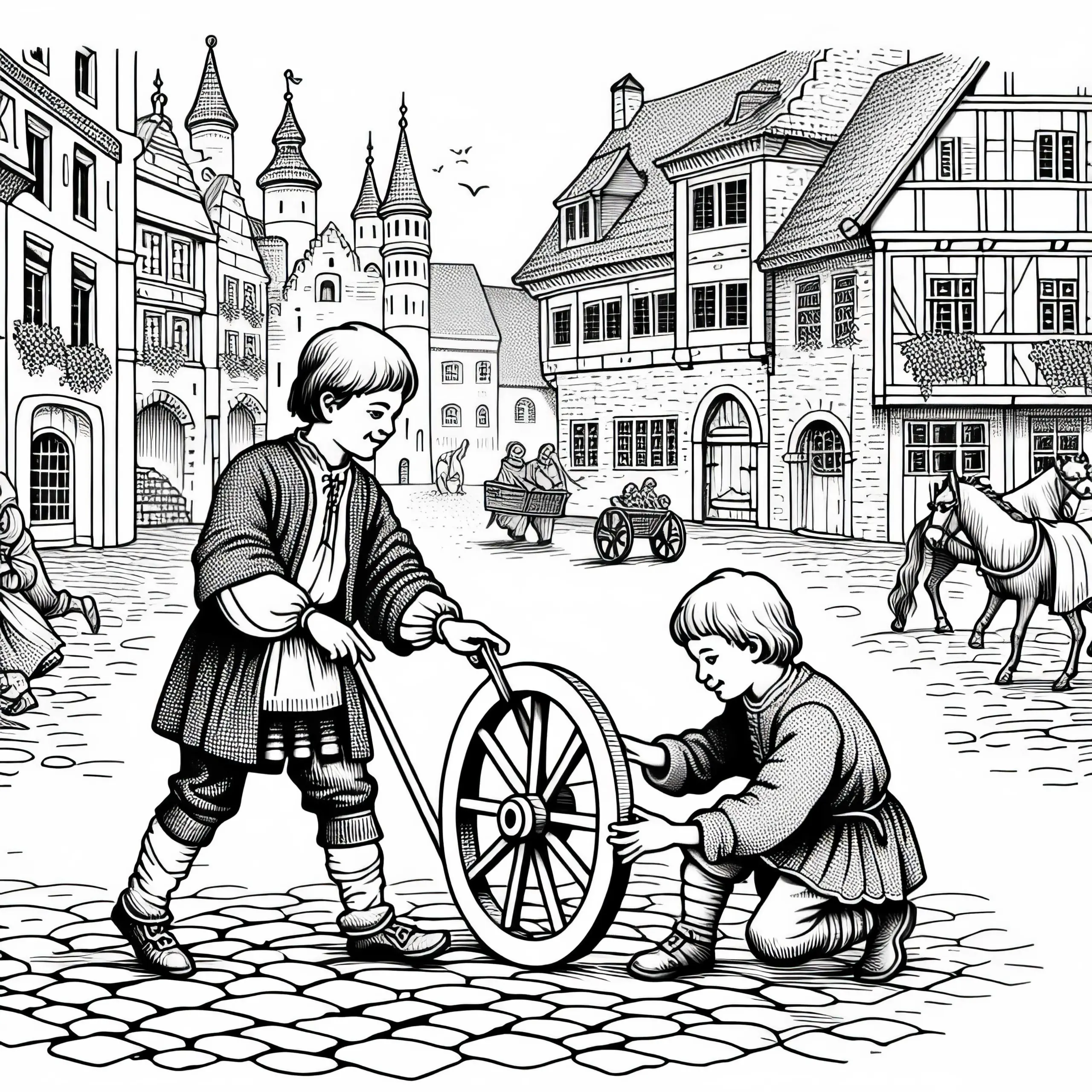 Kinder spielen mit Holzrad auf Kopfsteinpflaster – Malvorlage Stadtleben Mittelalter gratis (Ausmalbild)
