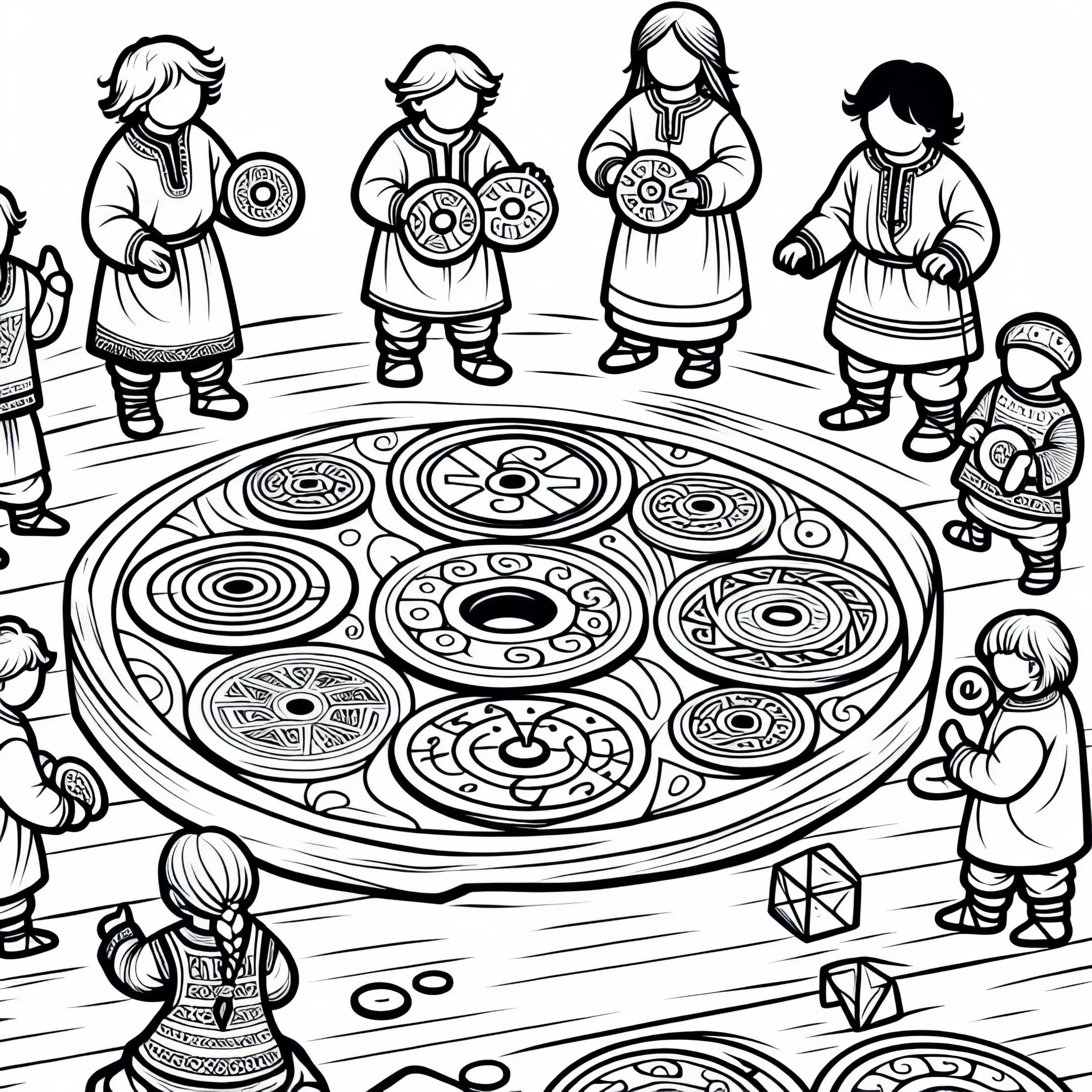 Kinder spielen mit Holzscheiben und eingeschnitzten Symbolen – Ausmalbild für Kelten