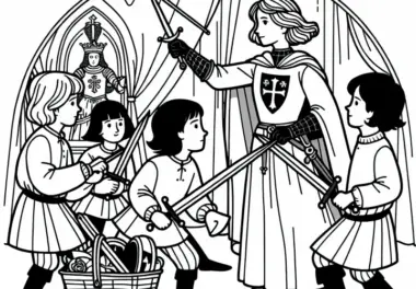 Kinder spielen mit Holzschwertern – Eine Szene aus Jeanne d’Arc’s Geschichte