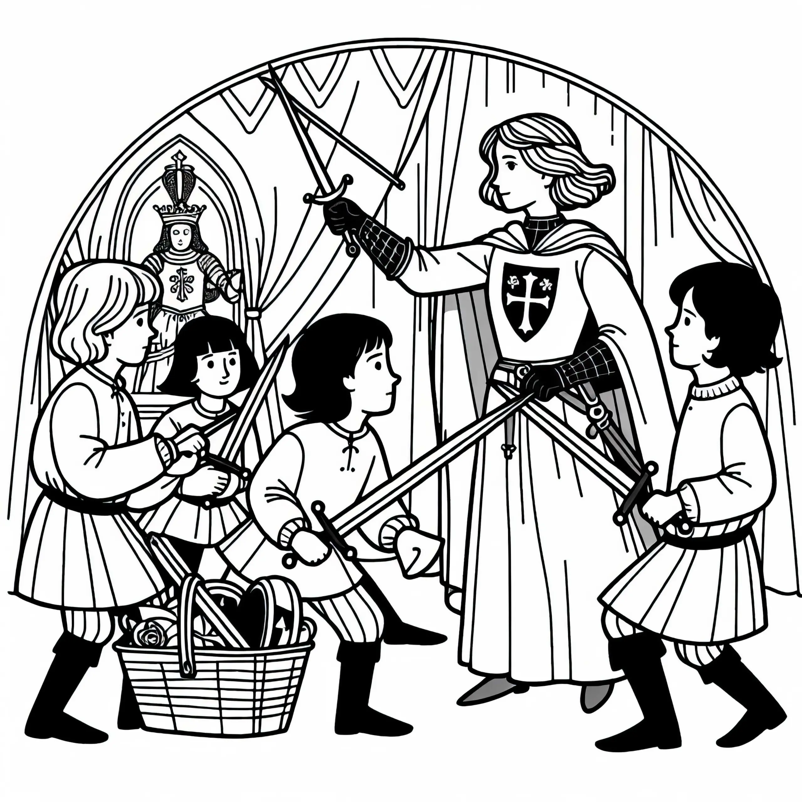 Kinder spielen mit Holzschwertern – Eine Szene aus Jeanne d’Arc’s Geschichte (Ausmalbild)
