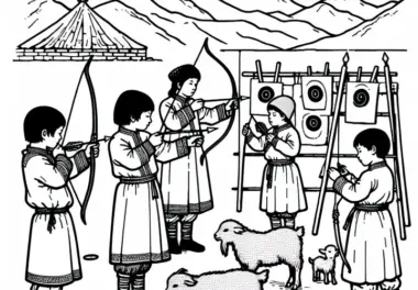 Kinder spielen mit Miniaturbogen und Ziegenlederzielscheiben – Ausmalbild Mongolen kostenlos