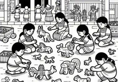Kinder spielen mit Tierfiguren auf dem Marktplatz – Ausmalbild Azteken gratis
