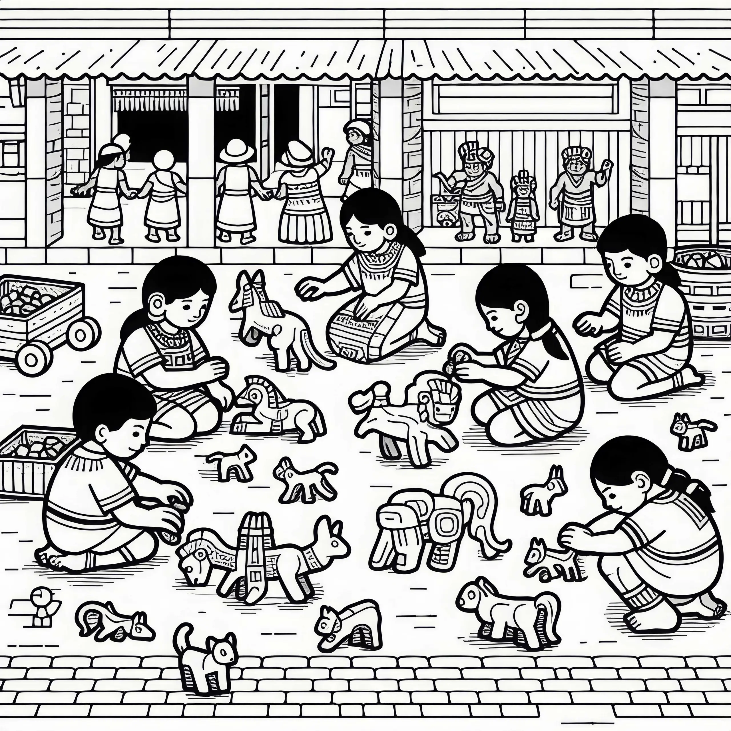 Kinder spielen mit Tierfiguren auf dem Marktplatz – Ausmalbild Azteken gratis