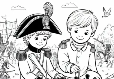 Kinder spielen Napoleons Feldzug mit Zinnfiguren – Ausmalbild historischer Schlachten gratis