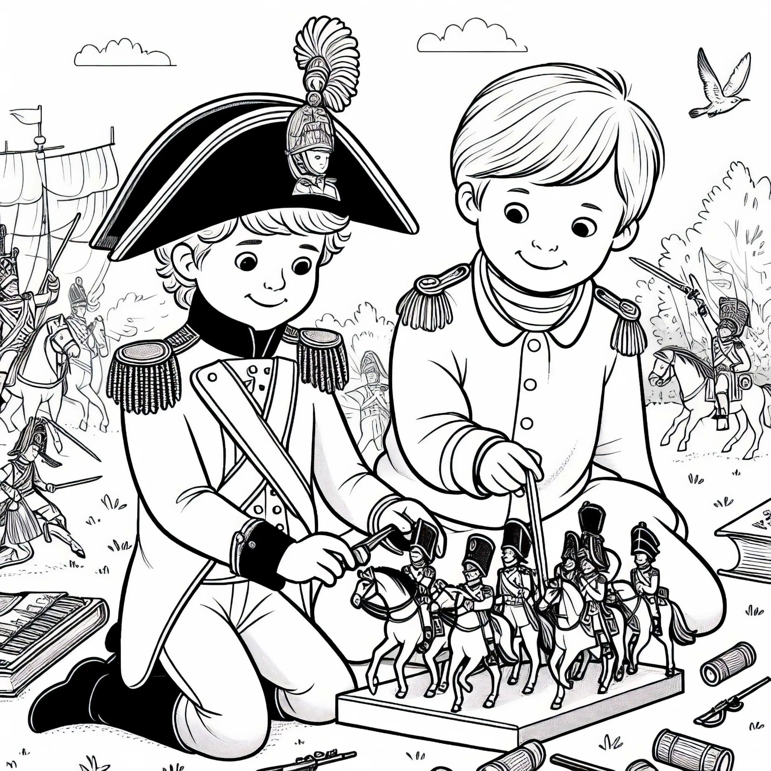 Kinder spielen Napoleons Feldzug mit Zinnfiguren – Ausmalbild historischer Schlachten gratis