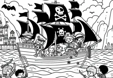 Kinder spielen Piraten und segeln mit Piratenschiff durch imaginäres Meer – Ausmalbild kostenlos