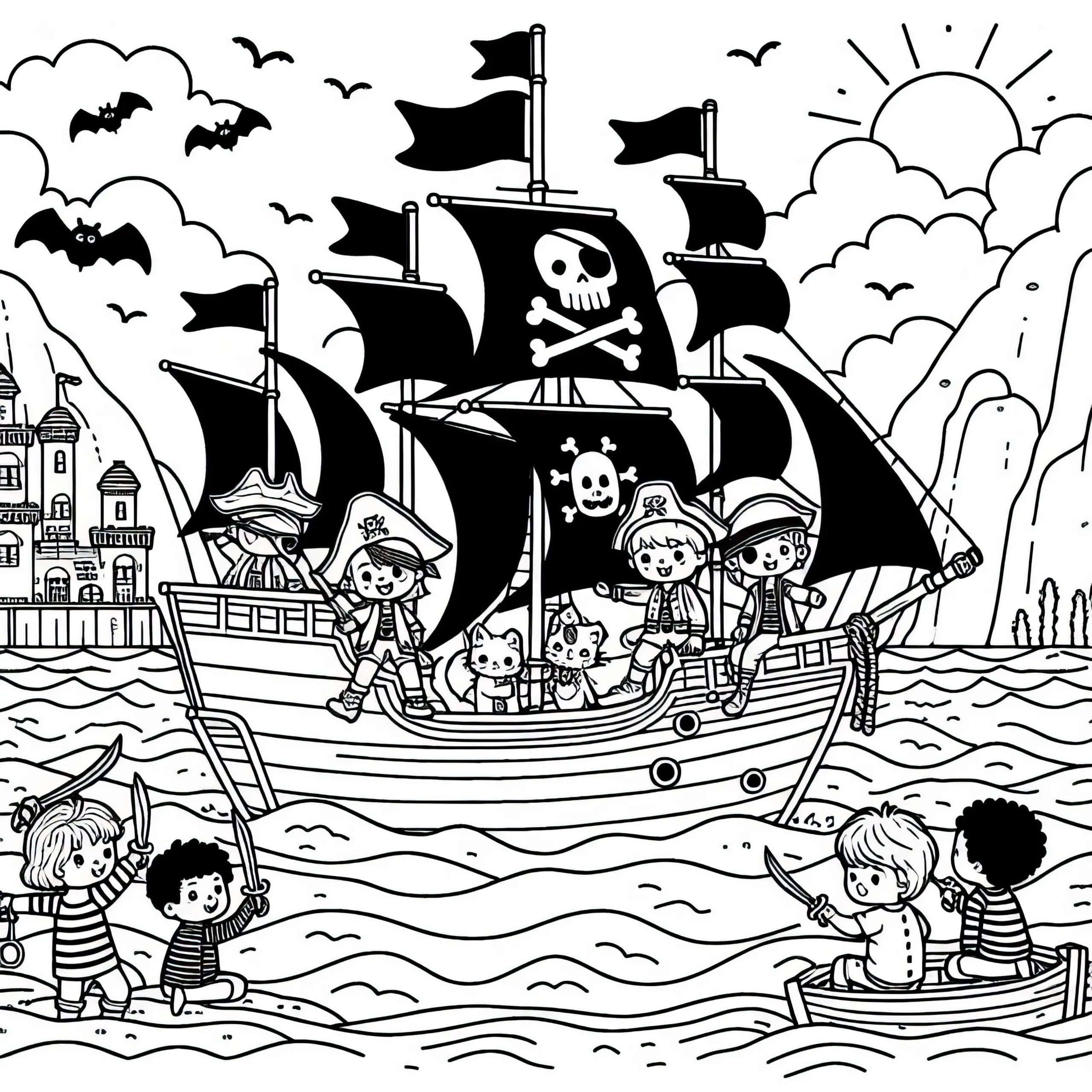 Kinder spielen Piraten und segeln mit Piratenschiff durch imaginäres Meer – Ausmalbild kostenlos