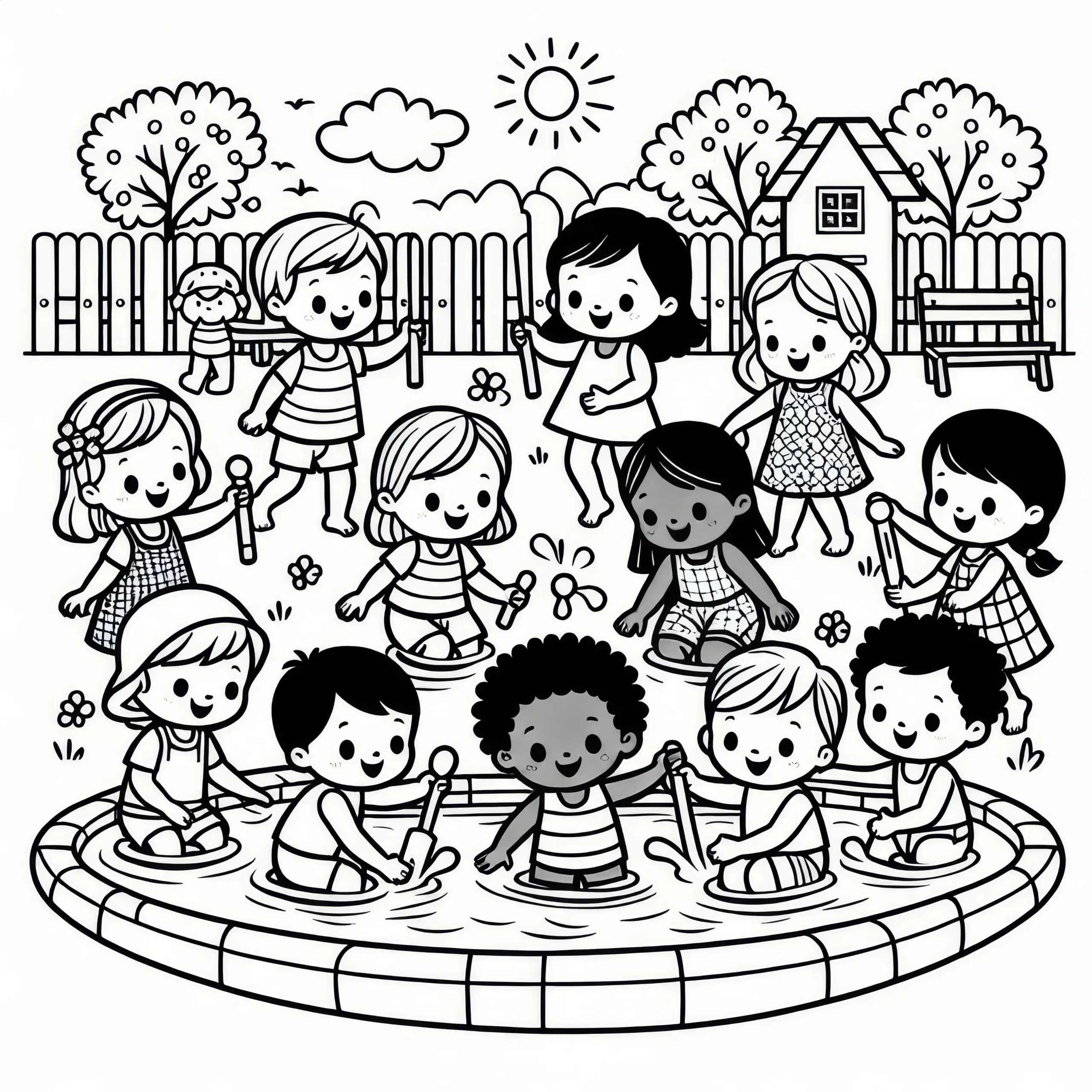 Kinder spielen im Planschbecken: Ausmalbild Juni (Gratis)