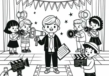 Kinder spielen Regisseur – Ausmalbild kostenlos