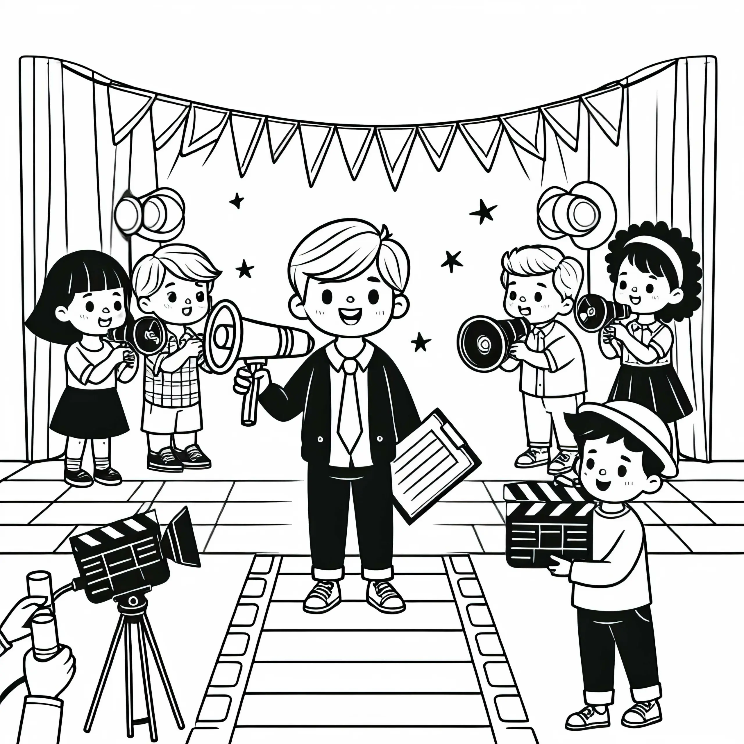 Kinder spielen Regisseur – Ausmalbild kostenlos