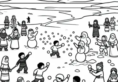 Kinder spielen Schneeballschlacht in Eiswüste – Malvorlage kostenlos