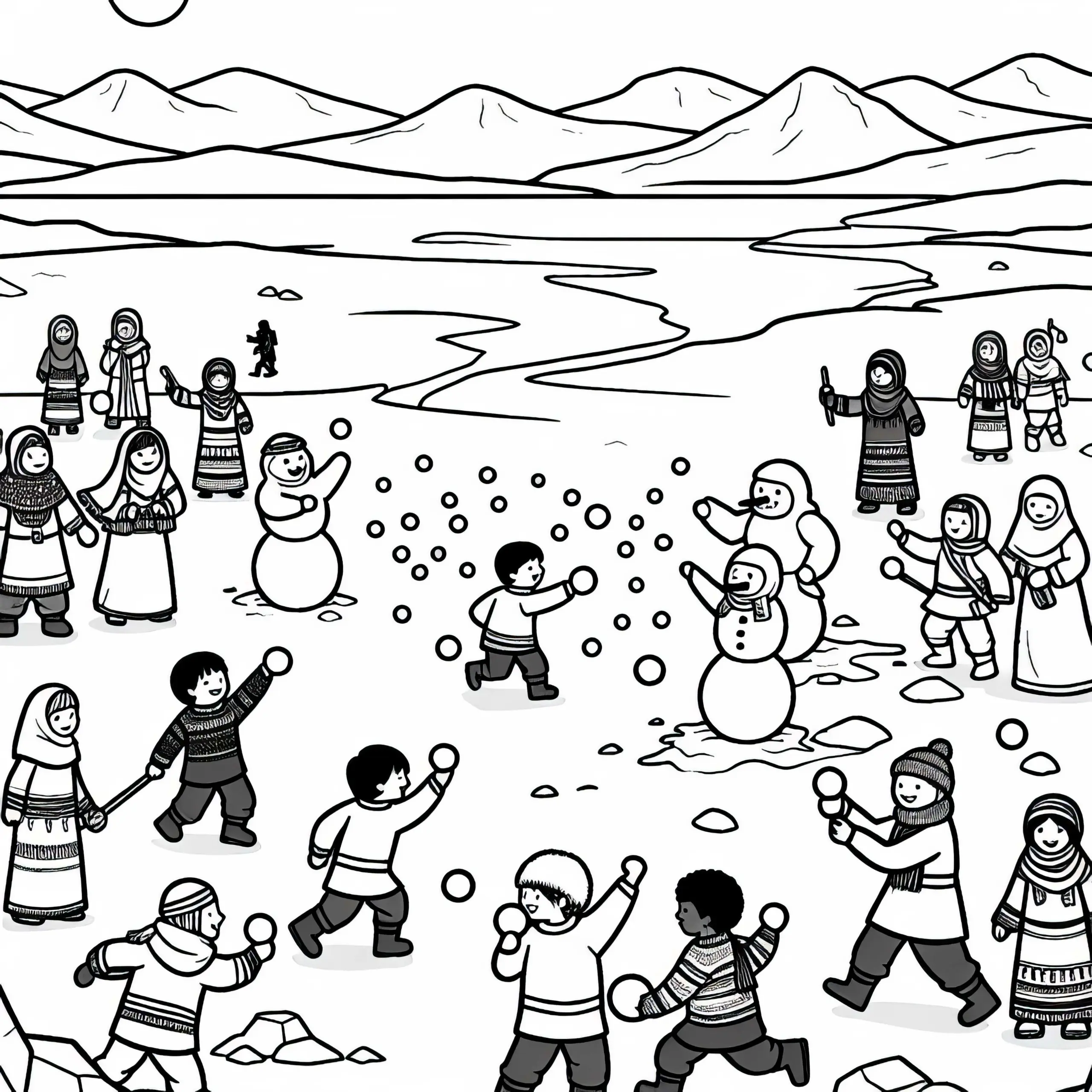 Kinder spielen Schneeballschlacht in Eiswüste – Malvorlage kostenlos (Ausmalbild)