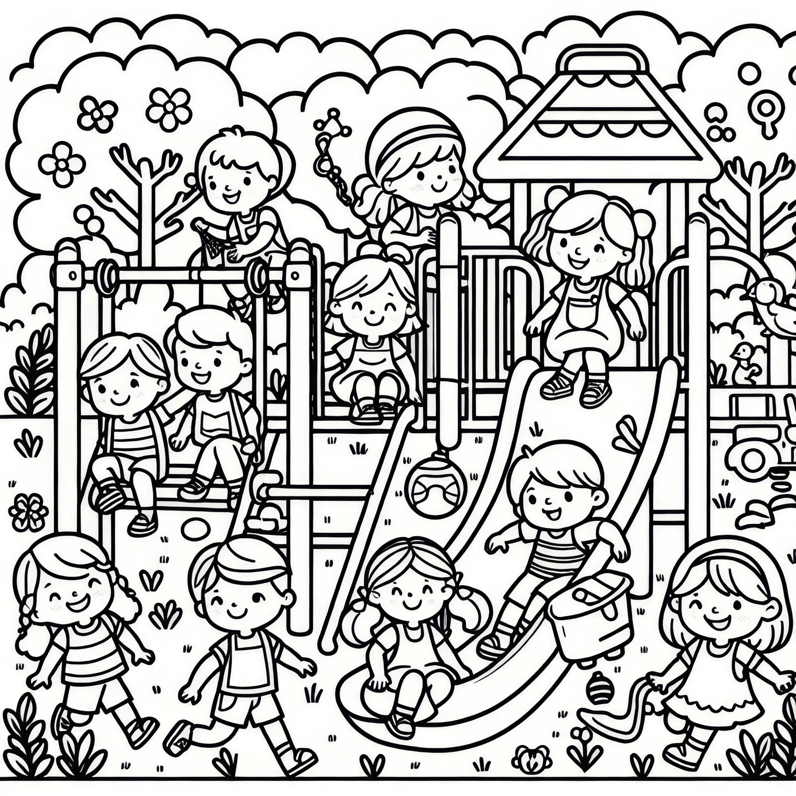 Kinder spielen auf Spielplatz mit Rutsche und Schaukel: Malvorlage zum Kindertag (Gratis) (Ausmalbild)