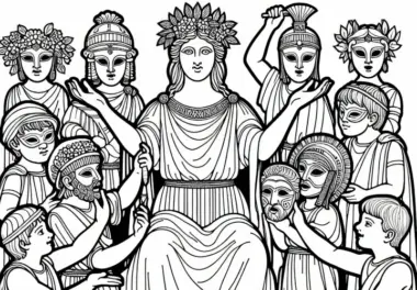 Kinder spielen Theater mit Masken von Göttern und Göttinnen – Malvorlage zur römischen Mythologie kostenlos