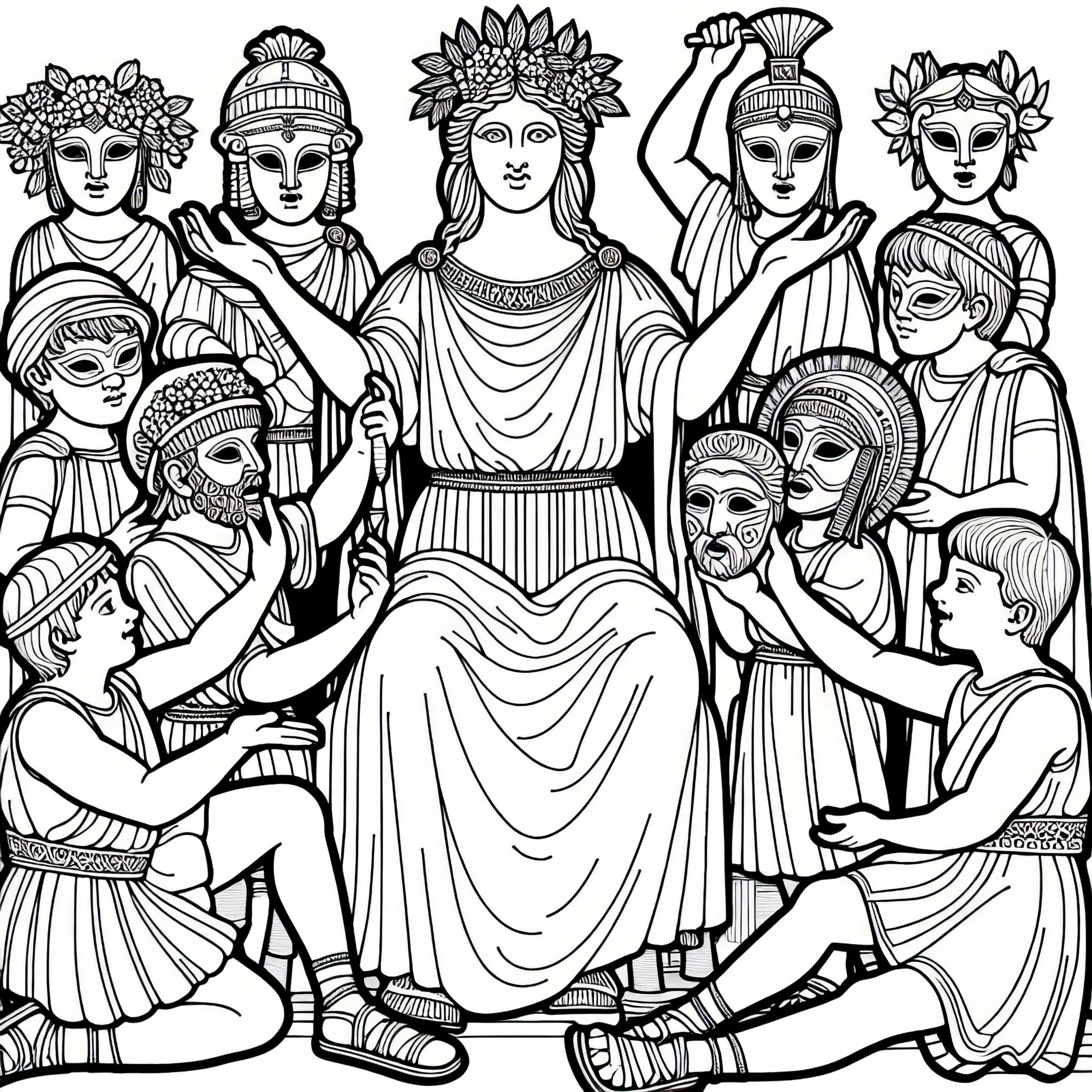 Kinder spielen Theater mit Masken von Göttern und Göttinnen – Malvorlage zur römischen Mythologie kostenlos (Ausmalbild)