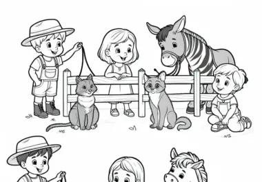 Ausmalbild von Kinder, die mit einem Tiertrainer spielen – Kostenlos herunterladen