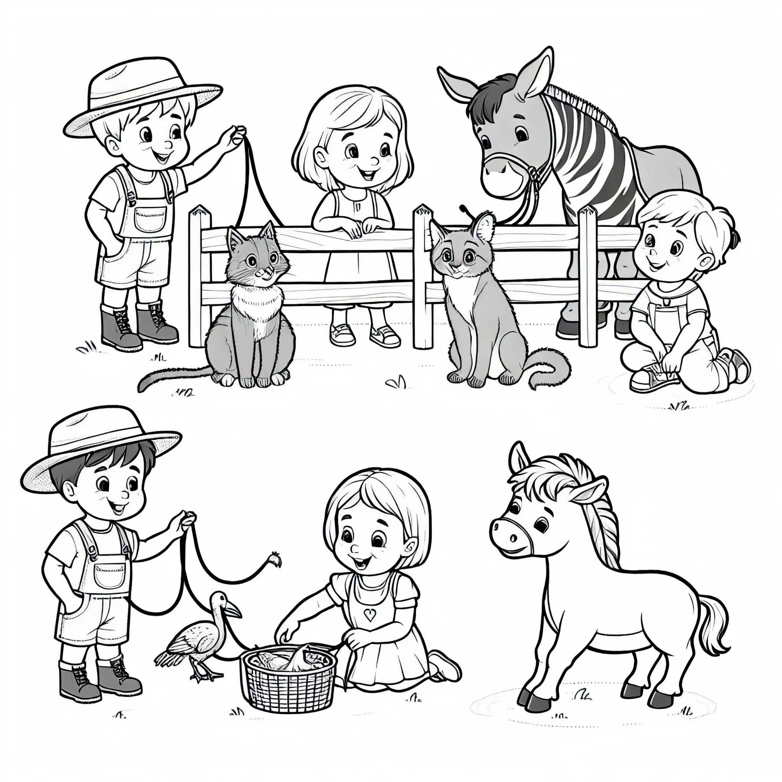 Ausmalbild von Kinder, die mit einem Tiertrainer spielen – Kostenlos herunterladen